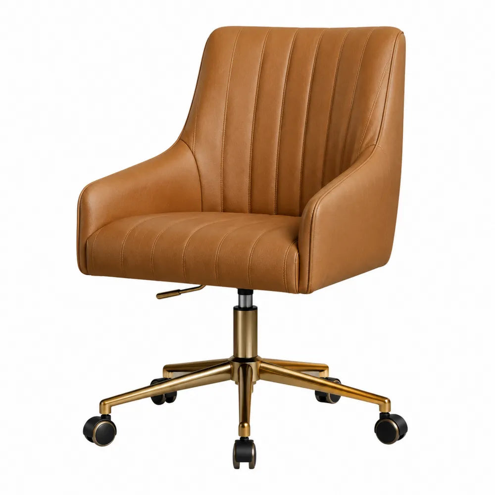 Chaise de bureau pivotante à roulettes 60 x 62 x 84 à 94 cm en PU cognac avec base en acier doré