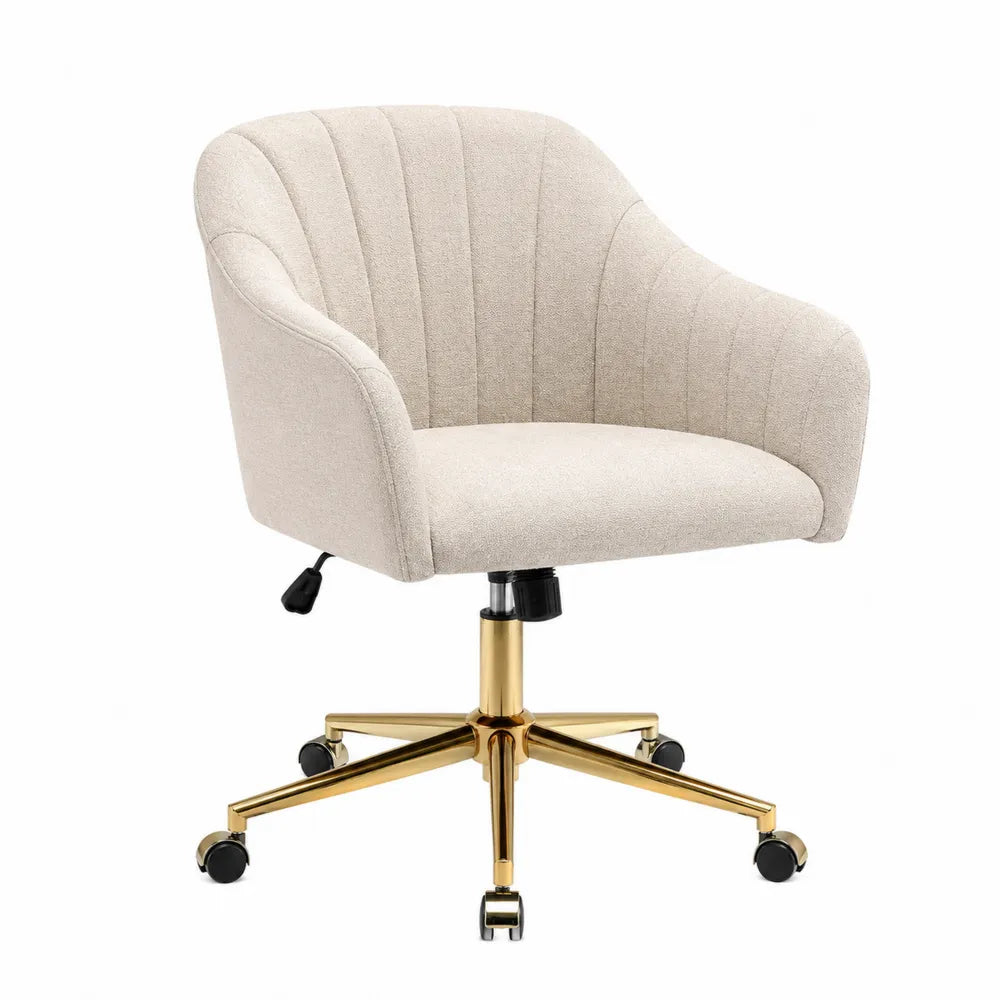 Chaise de bureau pivotante réglable 66 x 64 x 78 à 88 cm tissu bouclé beige base acier doré avec roulettes