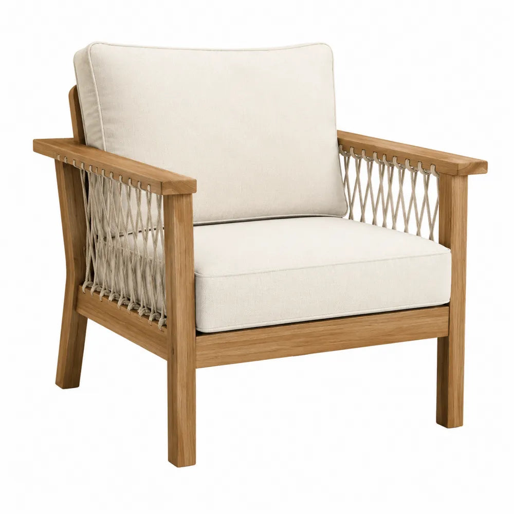 Fauteuil de jardin 76 x 82 x 80 cm en acacia massif cordage polyester beige coussins écru