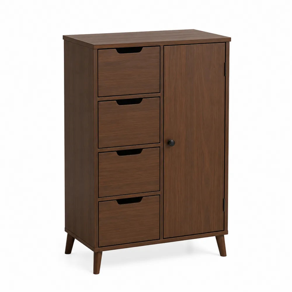 Meuble de rangement 1 porte 4 tiroirs en MDF placage noyer 80 x 40 x 110 cm