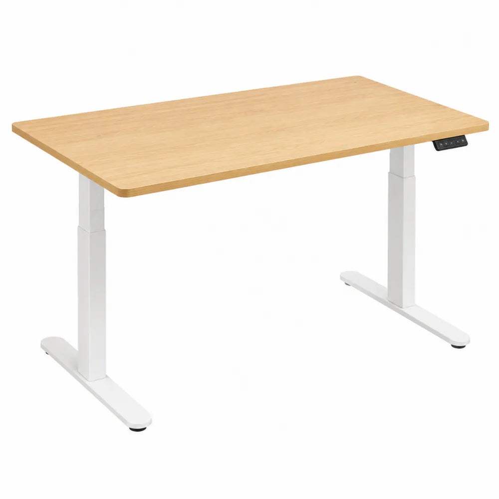 Bureau assis debout électrique réglable 140 x 70 x 72 à 118 cm plateau MDF chêne clair piètement acier blanc