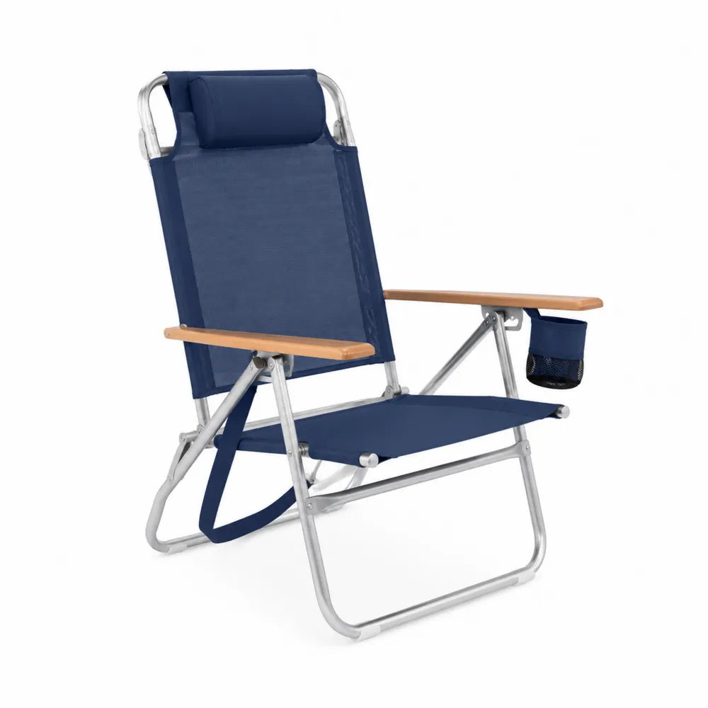 Chaise de plage pliante inclinable 60 x 72 x 89 cm en aluminium argenté et textilène bleu marine avec accoudoirs en acacia massif