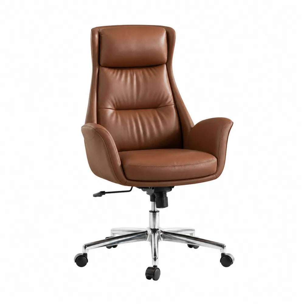 Fauteuil de bureau pivotant haut dossier 64 x 68 x 112 à 122 cm revêtement PU marron piètement acier chromé avec roulettes