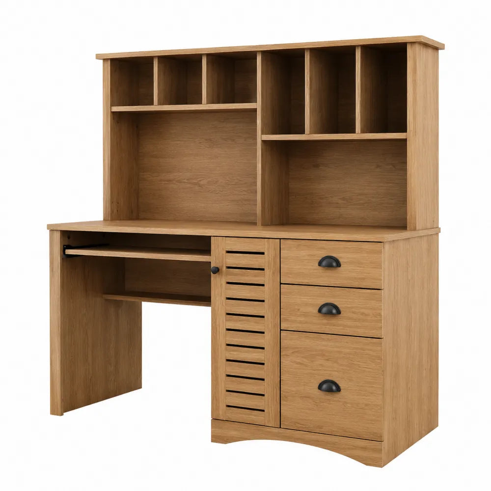 Bureau informatique rectangulaire 140 x 60 x 152 cm en panneaux de particules mélaminés chêne naturel avec surmeuble et 3 tiroirs