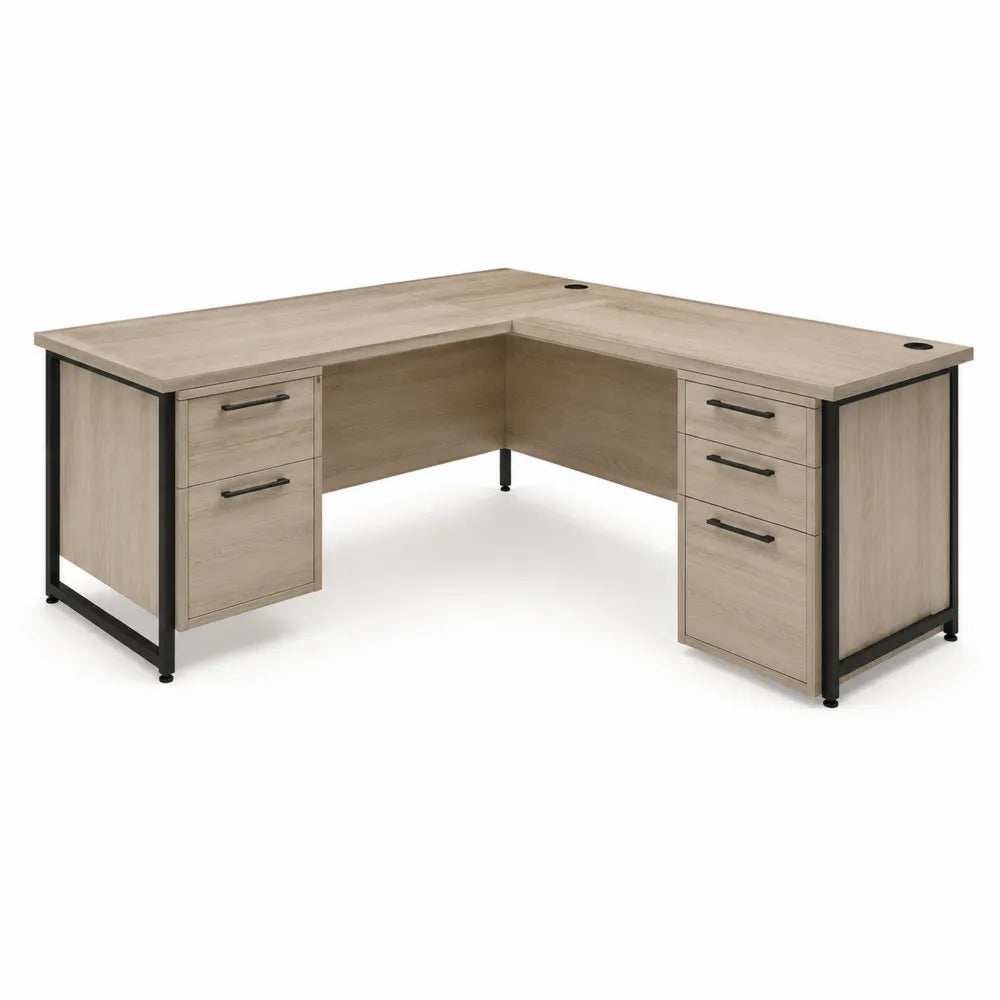 Bureau d'angle en L 160 x 140 x 75 cm en panneaux de particules mélaminés chêne clair et acier noir avec 5 tiroirs
