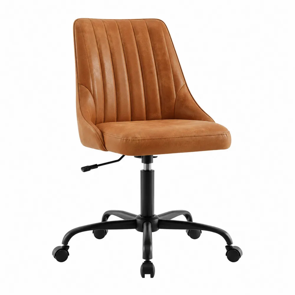 Chaise de bureau pivotante réglable à roulettes 56 x 58 x 82 à 92 cm en PU camel avec piètement en acier noir