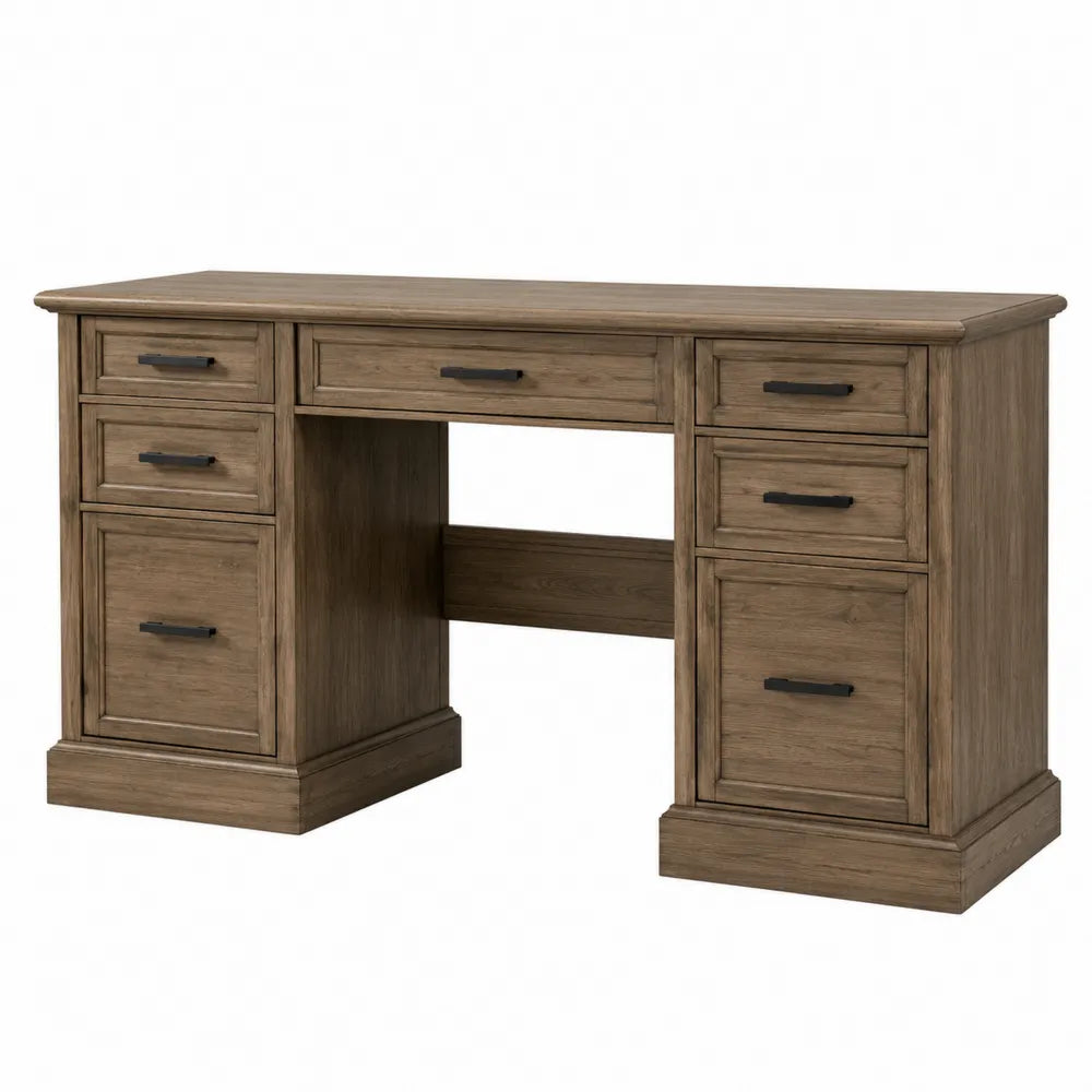 Bureau à caissons rectangulaire 152 x 70 x 76 cm en panneaux de particules mélaminés chêne brun avec 7 tiroirs et poignées noires