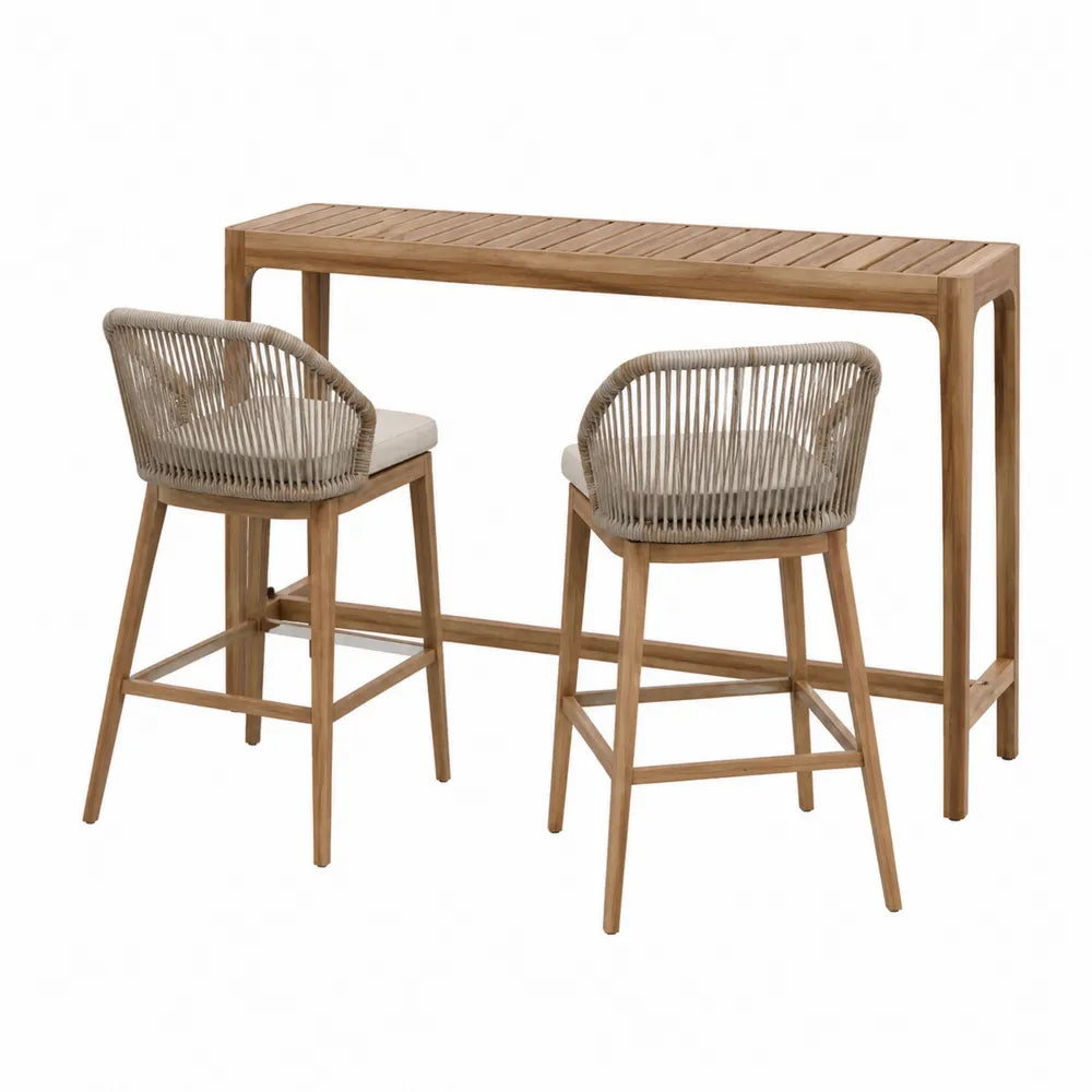 Ensemble bar de jardin avec table rectangulaire et 2 chaises en bois massif et corde tressée 150 x 60 x 105 cm