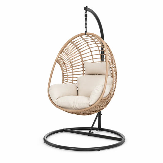 Fauteuil suspendu extérieur œuf en rotin PE avec support en acier noir et coussins écru 105 x 95 x 195 cm