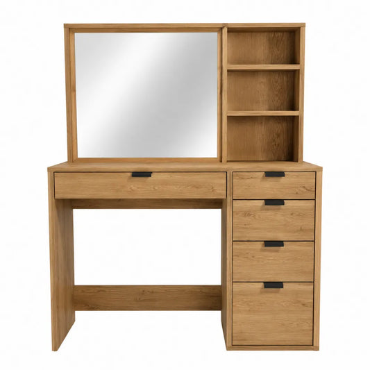 Coiffeuse rectangulaire avec miroir 120 x 45 x 140 cm MDF mélaminé chêne naturel 5 tiroirs 3 niches