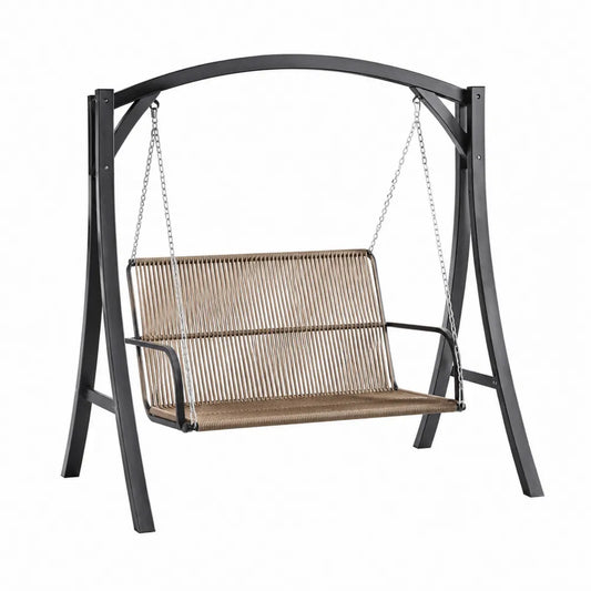 Balancelle de jardin 2 places 200 x 120 x 180 cm en acier peint noir corde PE beige chaînes acier argent