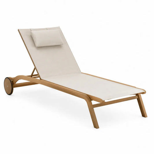 Chaise longue de jardin inclinable à roues 200 x 70 x 92 cm en acacia massif textilène beige bois naturel noir
