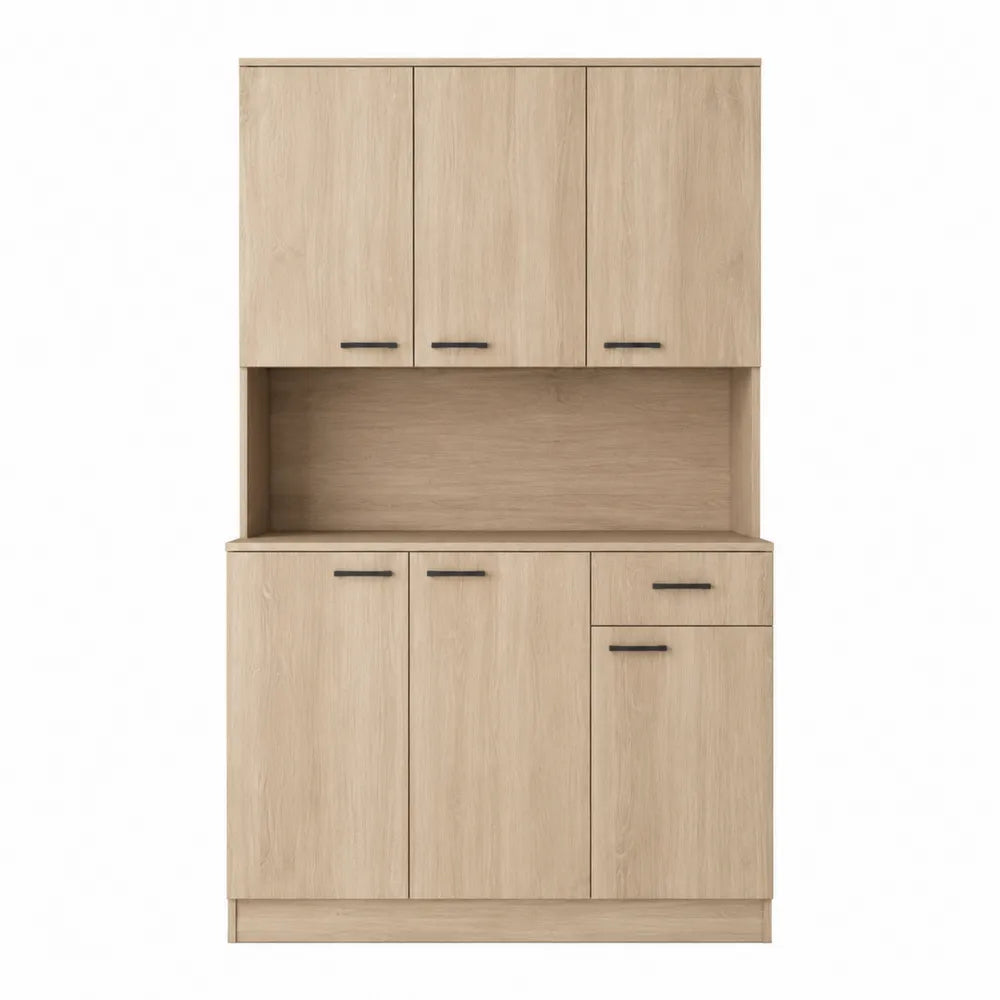 Meuble de rangement buffet haut en bois chêne clair avec 6 portes et 1 tiroir 120 x 40 x 180 cm