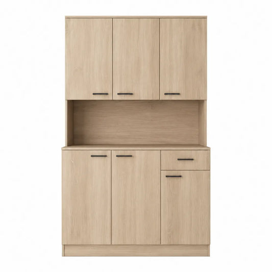Meuble de rangement buffet haut en bois chêne clair avec 6 portes et 1 tiroir 120 x 40 x 180 cm