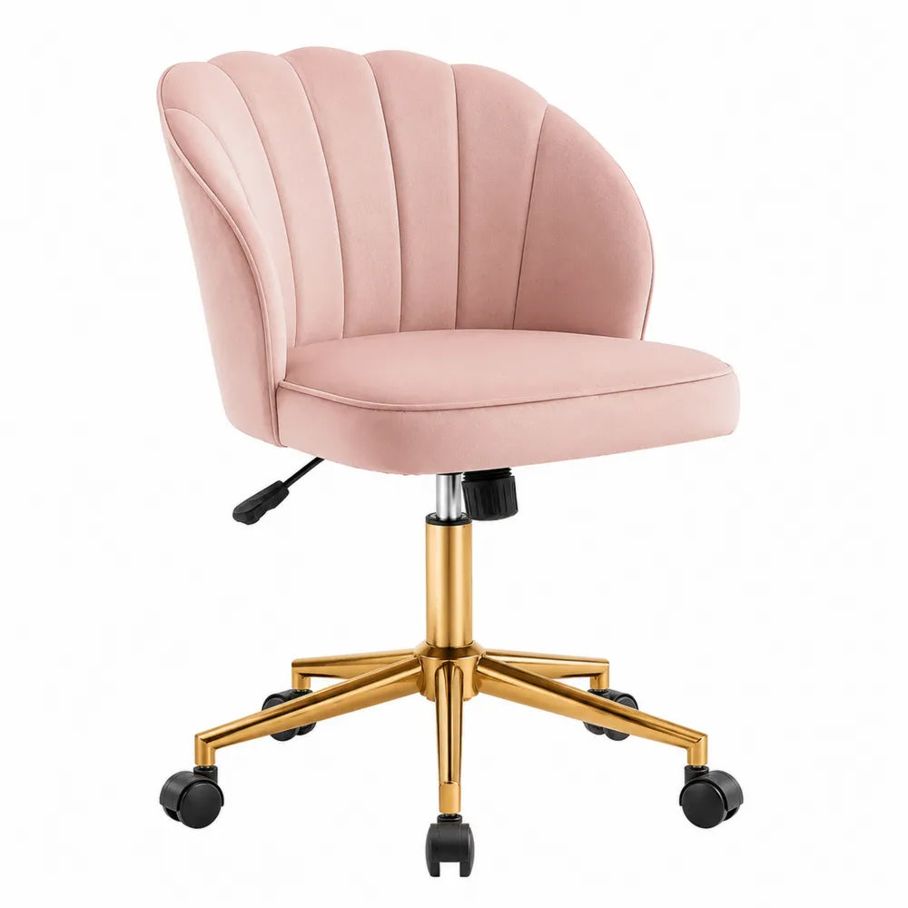 Chaise de bureau pivotante réglable à roulettes 58 x 60 x 80 à 92 cm en velours polyester rose avec base en acier doré