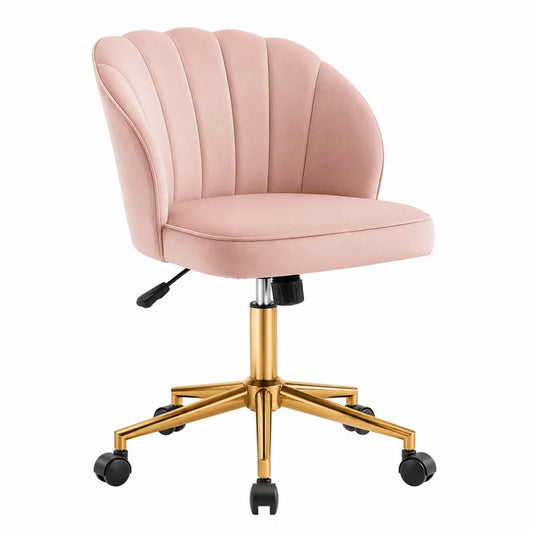 Chaise de bureau pivotante réglable à roulettes 58 x 60 x 80 à 92 cm en velours polyester rose avec base en acier doré