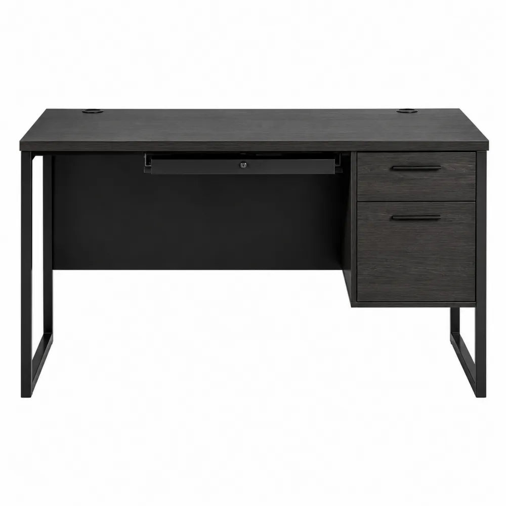 Bureau droit 140 x 60 x 75 cm panneau de particules mélaminé noir effet chêne avec caisson 2 tiroirs et piètement acier