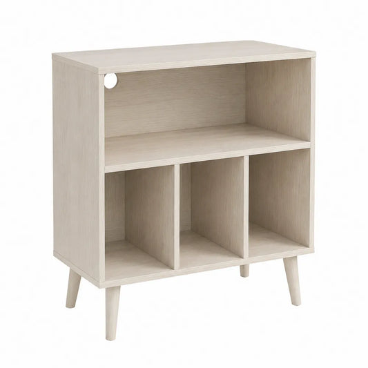 Meuble de rangement ouvert rectangulaire en panneau mélaminé effet chêne blanchi 80 x 35 x 82 cm avec passe-câble