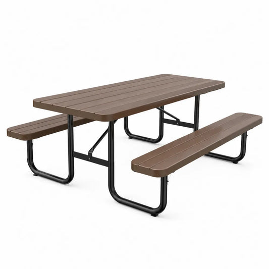 Table de pique-nique d’extérieur avec bancs intégrés 183 x 140 x 74 cm en HDPE brun et acier noir