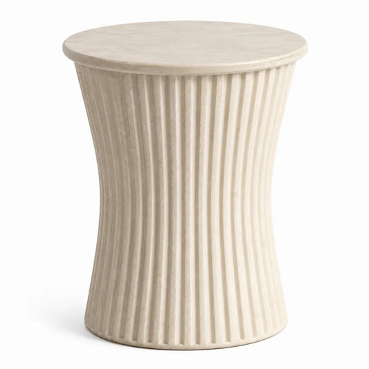 Table d’appoint d’extérieur ronde 45 x 45 x 50 cm en béton fibré effet travertin ivoire base cannelée