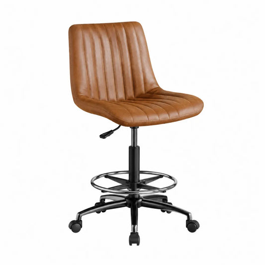 Chaise de bureau haute pivotante réglable 48 x 56 x 91 à 111 cm revêtement PU cognac acier noir avec repose-pieds et roulettes