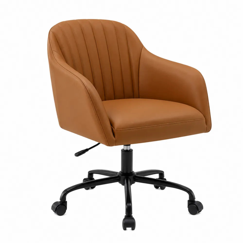 Fauteuil de bureau pivotant réglable à roulettes 63 x 64 x 80 à 90 cm en PU camel avec piètement en acier noir