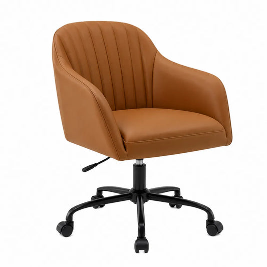 Fauteuil de bureau pivotant réglable à roulettes 63 x 64 x 80 à 90 cm en PU camel avec piètement en acier noir