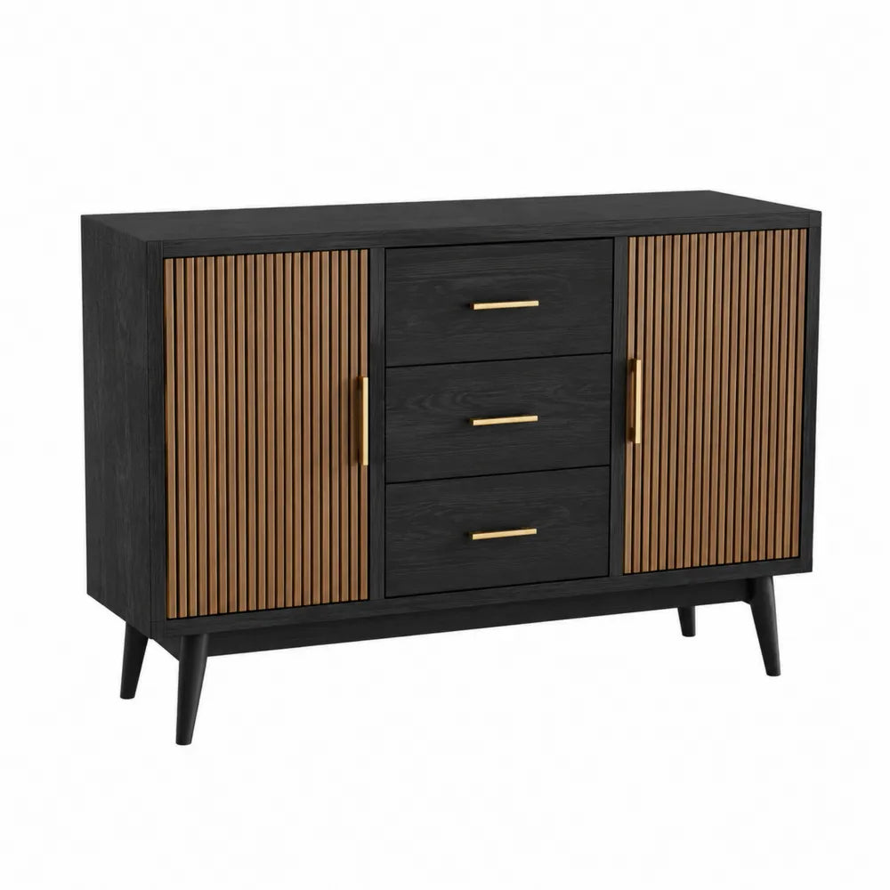 Buffet de rangement rectangulaire 2 portes 3 tiroirs en MDF plaqué frêne noir et noyer avec poignées dorées 140 x 40 x 78 cm