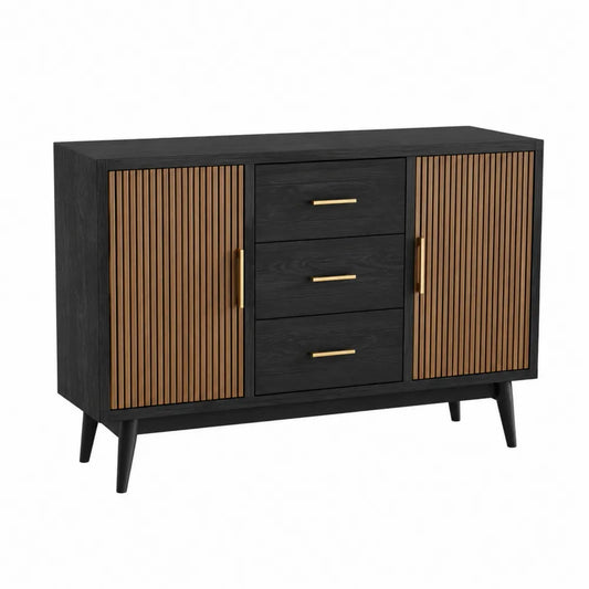 Buffet de rangement rectangulaire 2 portes 3 tiroirs en MDF plaqué frêne noir et noyer avec poignées dorées 140 x 40 x 78 cm