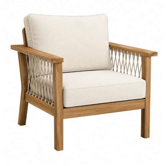 Fauteuil de jardin 76 x 82 x 80 cm en acacia massif cordage polyester beige coussins écru