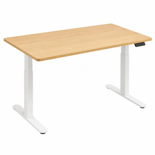 Bureau assis debout électrique réglable 140 x 70 x 72 à 118 cm plateau MDF chêne clair piètement acier blanc