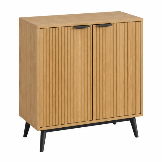 Meuble de rangement 2 portes en panneau mélaminé chêne clair 80 x 40 x 85 cm avec pieds noirs