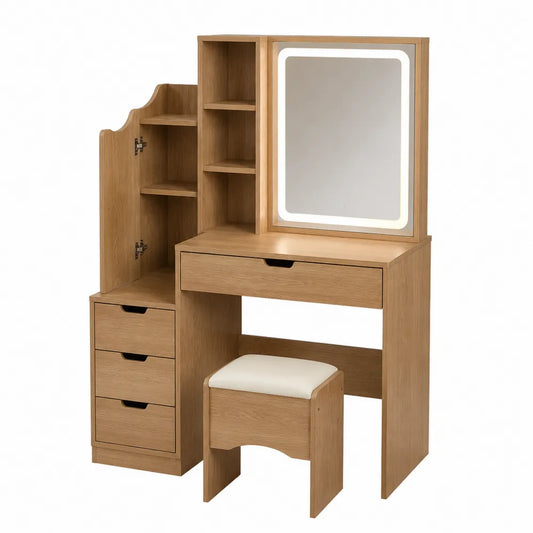 Coiffeuse rectangulaire avec miroir LED et tabouret 120 x 40 x 145 cm en panneaux de particules chêne naturel avec rangements