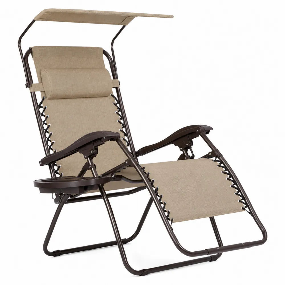 Fauteuil de jardin inclinable pliable en acier brun foncé toile polyester enduite PVC beige avec pare-soleil 165 x 67 x 112 cm
