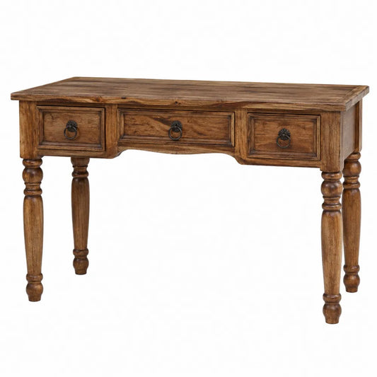 Bureau droit 120 x 55 x 78 cm manguier massif brun miel avec 3 tiroirs et pieds tournés
