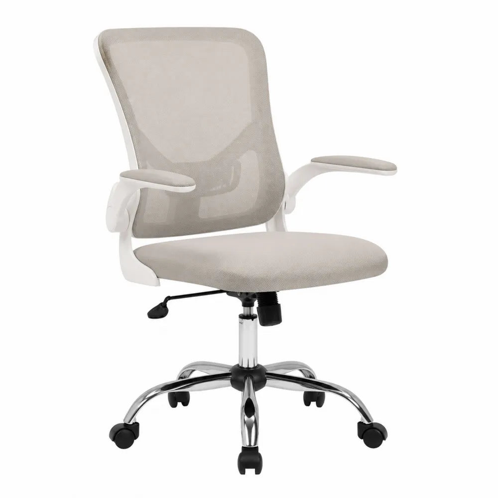 Chaise de bureau pivotante réglable à roulettes 61 x 60 x 91 à 101 cm en maille polyester beige avec accoudoirs blancs et base chromée