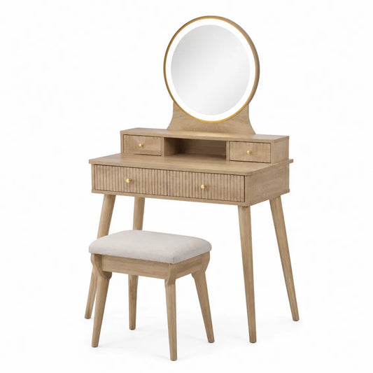 Ensemble coiffeuse avec miroir LED rond et tabouret 80 x 45 x 145 cm en panneaux mélaminés chêne clair avec 3 tiroirs