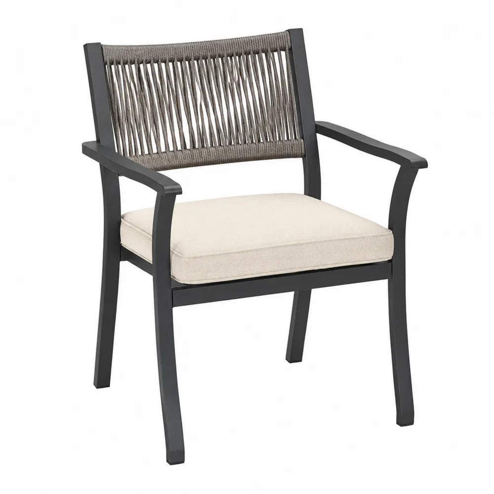 Chaise de jardin avec accoudoirs en aluminium noir dossier cordage PP gris taupe coussin polyester beige 58 x 61 x 87 cm
