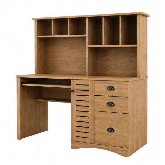 Bureau informatique rectangulaire 140 x 60 x 152 cm en panneaux de particules mélaminés chêne naturel avec surmeuble et 3 tiroirs