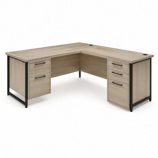 Bureau d'angle en L 160 x 140 x 75 cm en panneaux de particules mélaminés chêne clair et acier noir avec 5 tiroirs