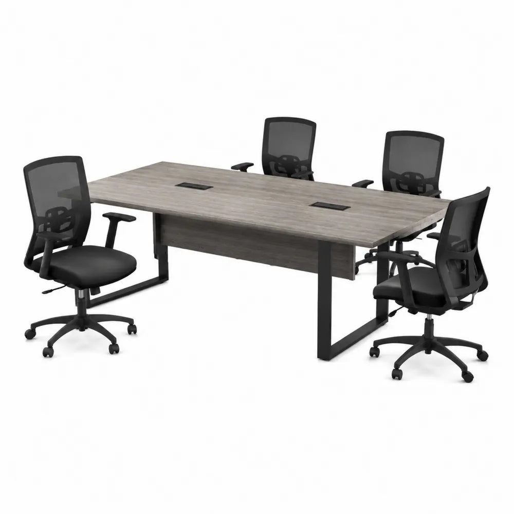 Ensemble table de réunion 180 x 90 x 75 cm chêne gris mélaminé avec 4 chaises de bureau noires en maille