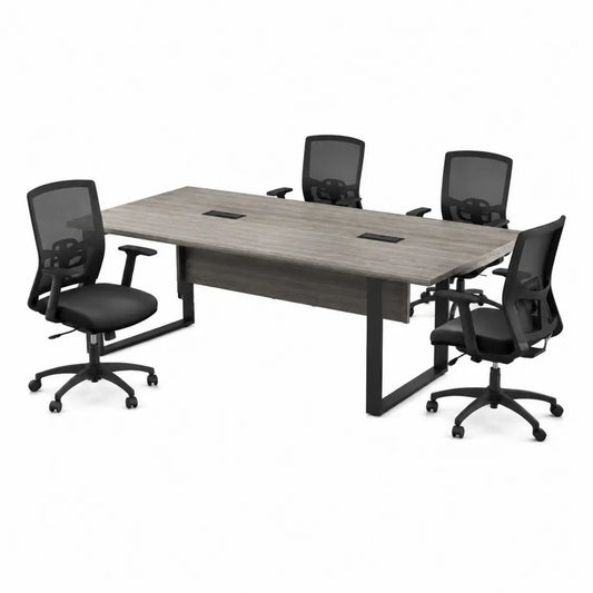 Ensemble table de réunion 180 x 90 x 75 cm chêne gris mélaminé avec 4 chaises de bureau noires en maille