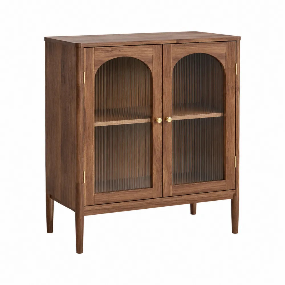 Meuble de rangement 2 portes en MDF plaqué noyer avec verre cannelé fumé 90 x 40 x 92 cm