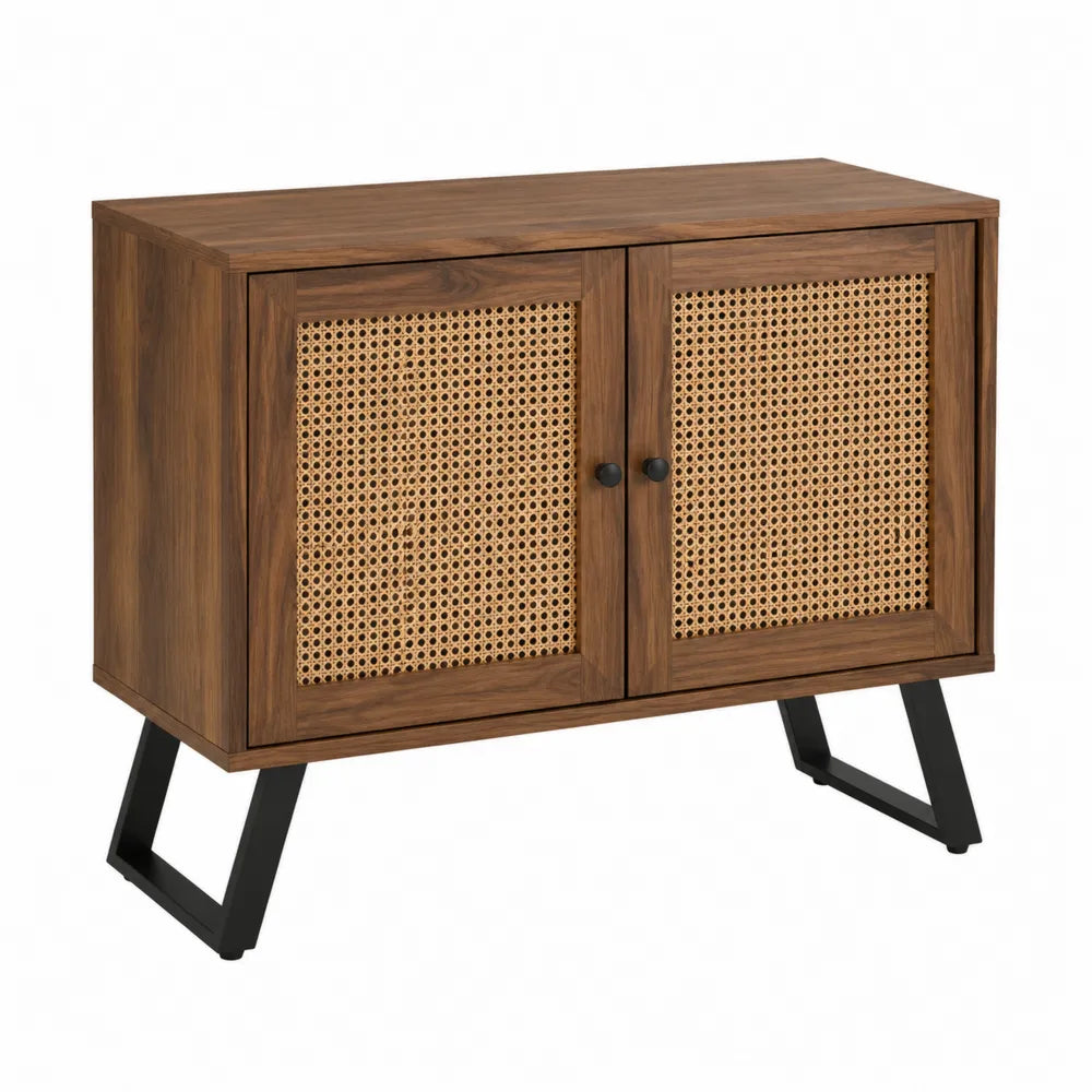 Buffet de rangement 2 portes en MDF placage bois naturel et cannage rotin avec pieds métal noir 120 x 40 x 78 cm