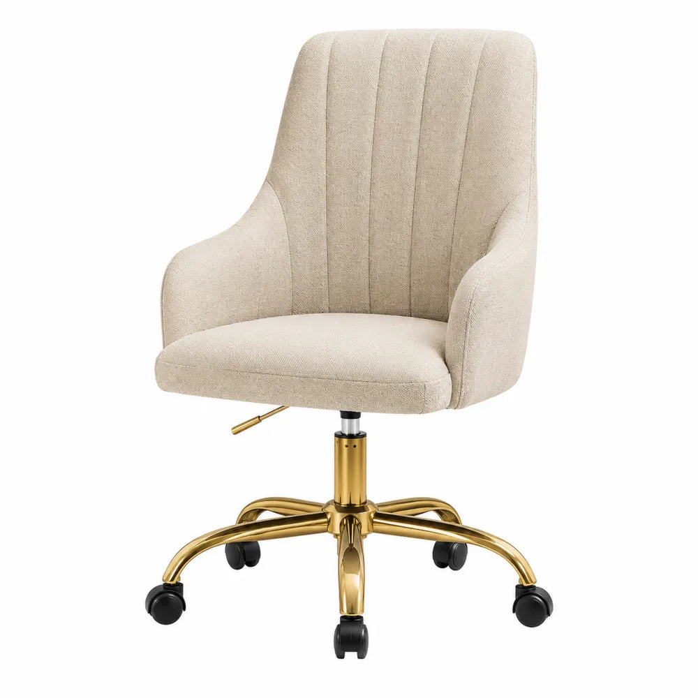 Chaise de bureau pivotante réglable à roulettes 62 x 63 x 84 à 94 cm en polyester beige avec piètement en acier doré