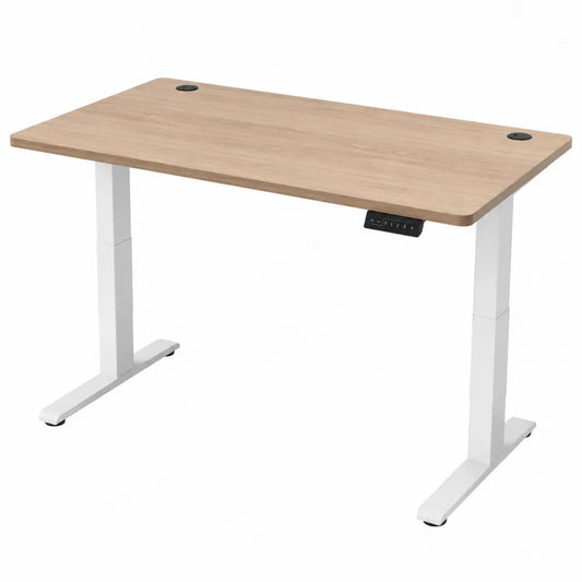 Bureau assis debout électrique réglable 140 x 70 x 72 à 118 cm plateau mélaminé chêne clair et piètement acier blanc