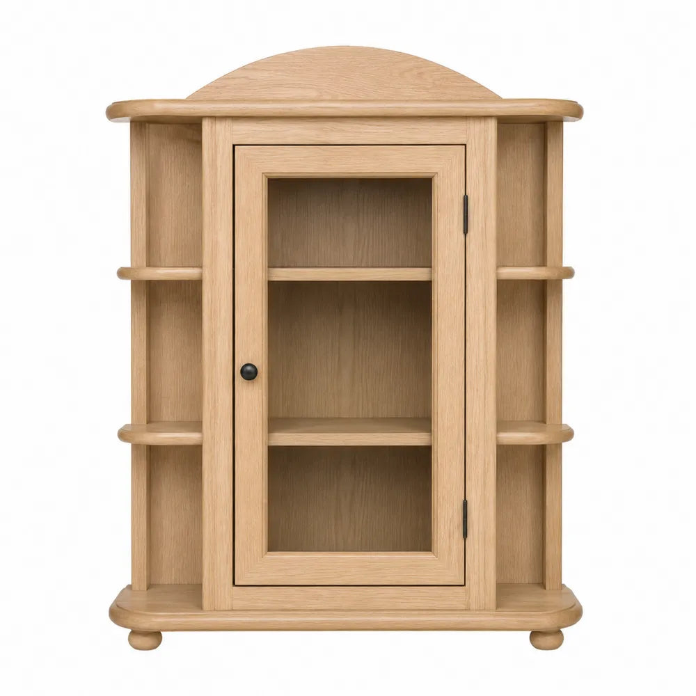 Meuble vitrine de rangement 1 porte en bois effet chêne clair avec étagères latérales et porte vitrée