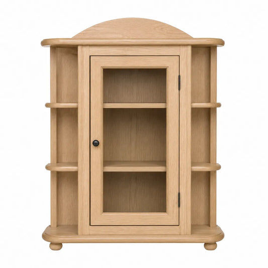 Meuble vitrine de rangement 1 porte en bois effet chêne clair avec étagères latérales et porte vitrée