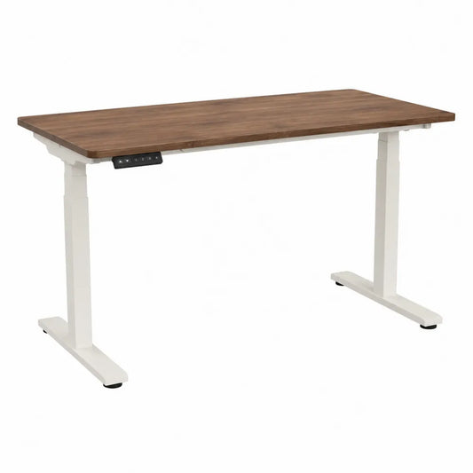 Bureau assis debout électrique rectangulaire 140 x 70 x 72 à 118 cm plateau MDF noyer piètement acier blanc