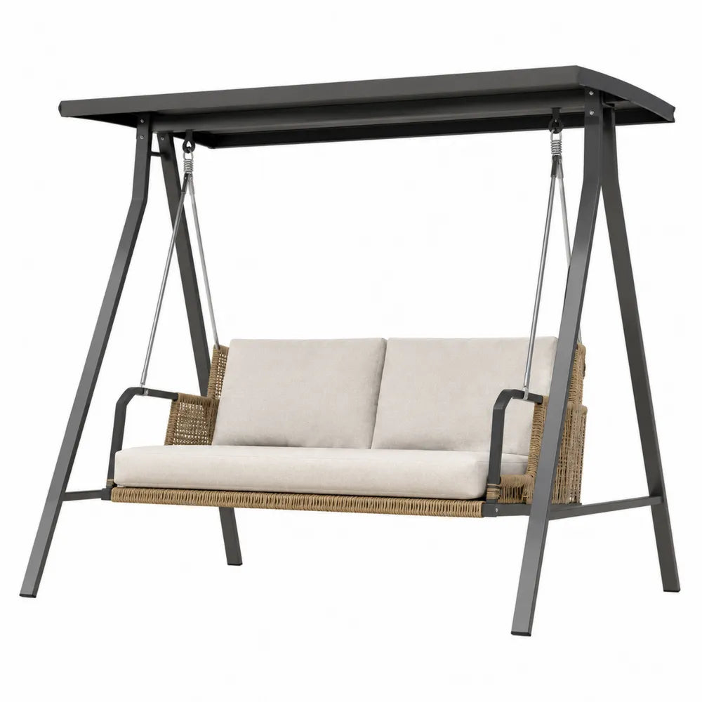 Balancelle de jardin 2 places 220 cm x 120 cm x 180 cm en acier thermolaqué résine PE tressée beige toit rigide anthracite coussins polyester beige